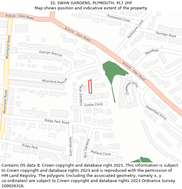 32, SWAN GARDENS, PLYMOUTH, PL7 2HF: Location map and indicative extent of plot