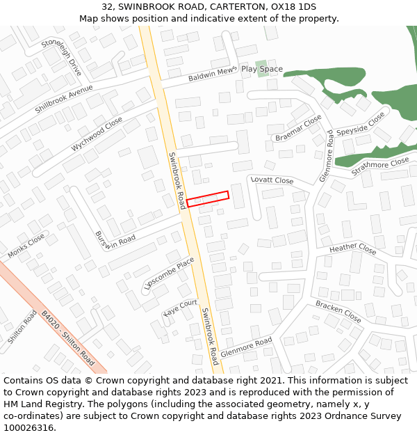 32, SWINBROOK ROAD, CARTERTON, OX18 1DS: Location map and indicative extent of plot