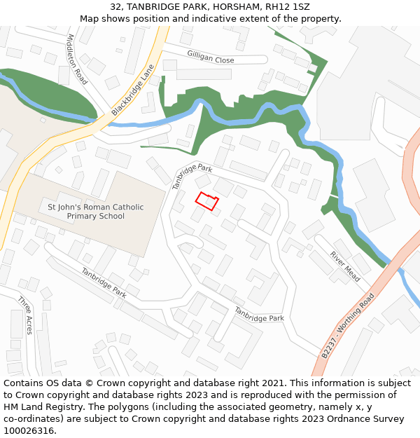 32, TANBRIDGE PARK, HORSHAM, RH12 1SZ: Location map and indicative extent of plot