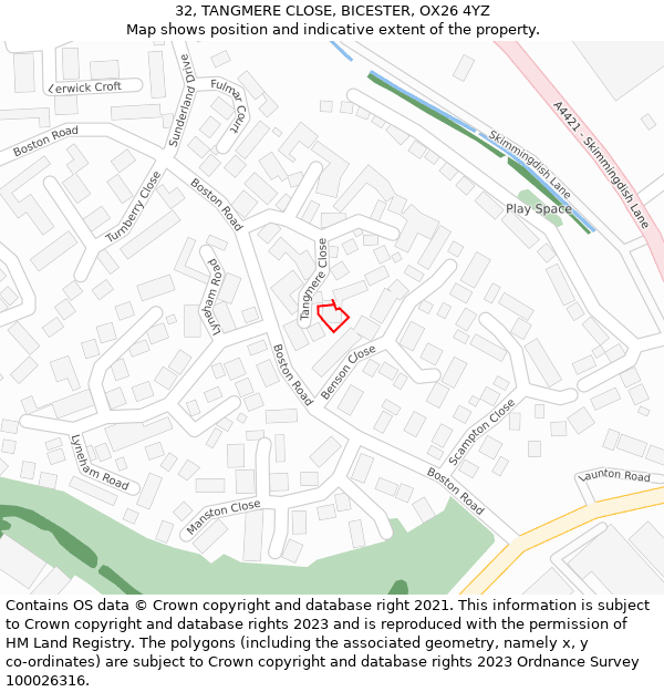 32, TANGMERE CLOSE, BICESTER, OX26 4YZ: Location map and indicative extent of plot