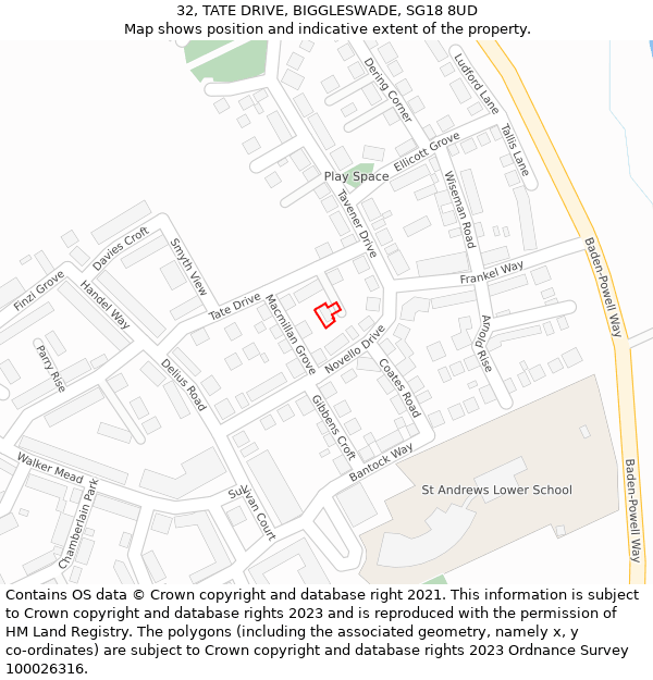 32, TATE DRIVE, BIGGLESWADE, SG18 8UD: Location map and indicative extent of plot