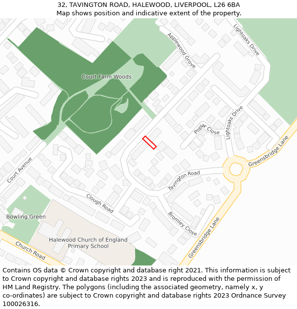 32, TAVINGTON ROAD, HALEWOOD, LIVERPOOL, L26 6BA: Location map and indicative extent of plot
