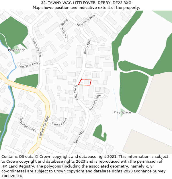 32, TAWNY WAY, LITTLEOVER, DERBY, DE23 3XG: Location map and indicative extent of plot