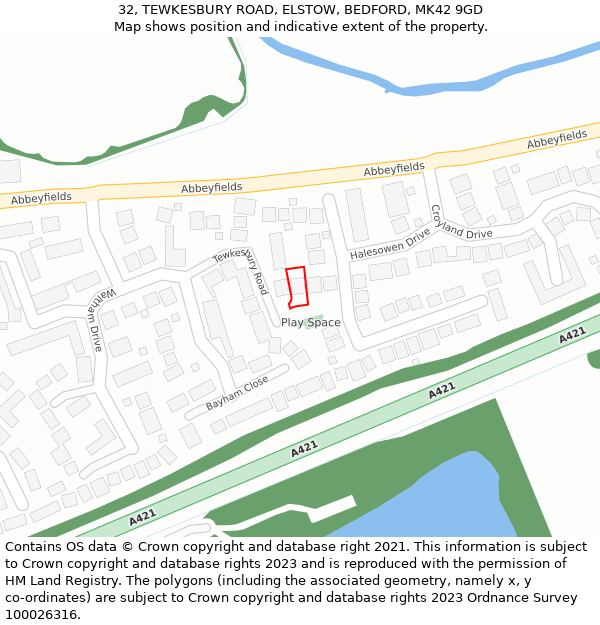 32, TEWKESBURY ROAD, ELSTOW, BEDFORD, MK42 9GD: Location map and indicative extent of plot