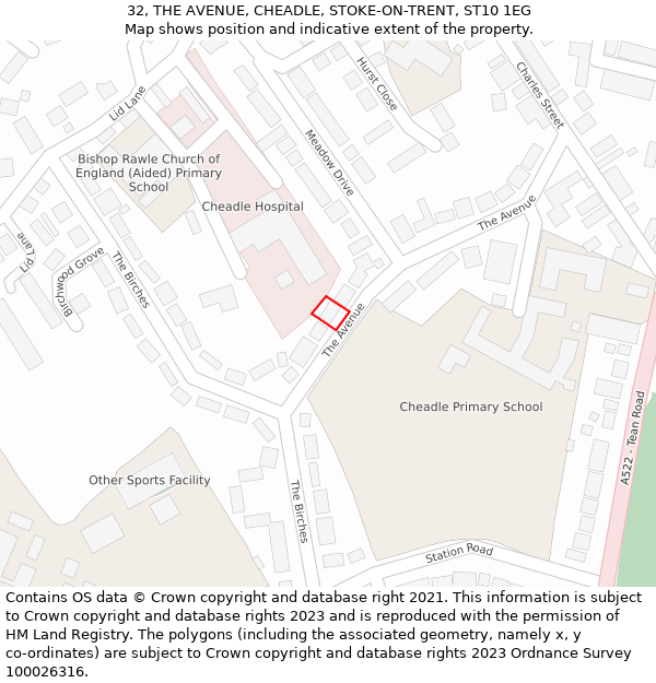 32, THE AVENUE, CHEADLE, STOKE-ON-TRENT, ST10 1EG: Location map and indicative extent of plot