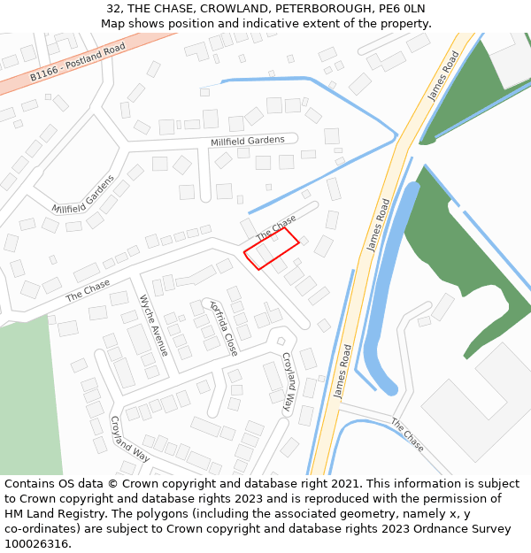 32, THE CHASE, CROWLAND, PETERBOROUGH, PE6 0LN: Location map and indicative extent of plot