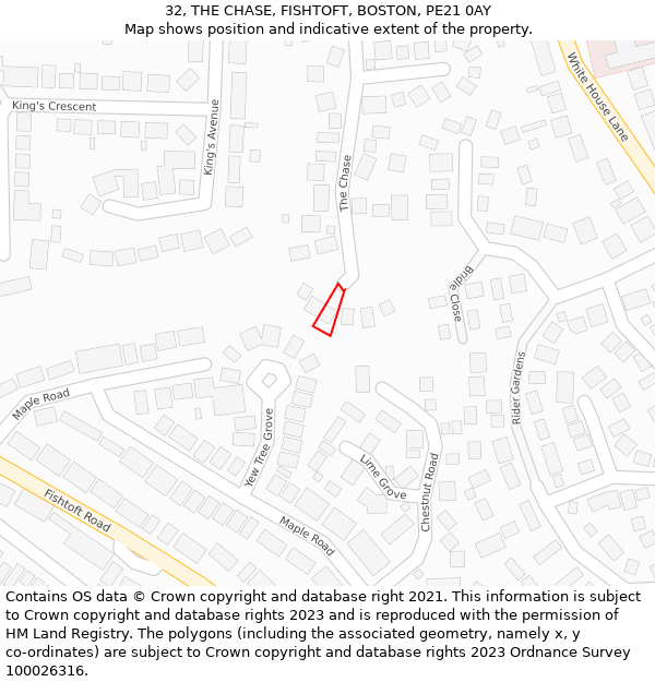 32, THE CHASE, FISHTOFT, BOSTON, PE21 0AY: Location map and indicative extent of plot