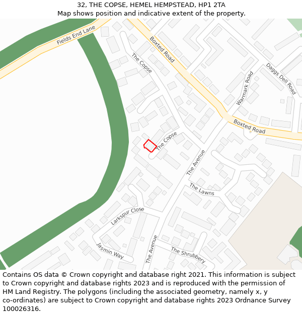 32, THE COPSE, HEMEL HEMPSTEAD, HP1 2TA: Location map and indicative extent of plot