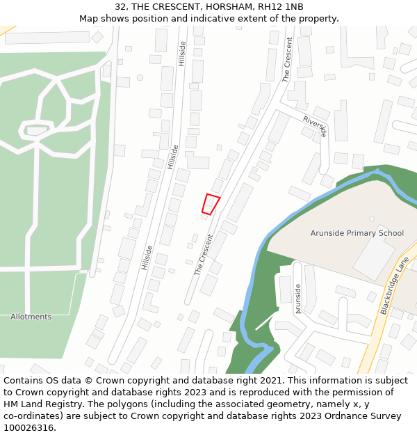 32, THE CRESCENT, HORSHAM, RH12 1NB: Location map and indicative extent of plot