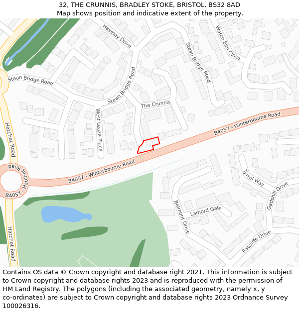 32, THE CRUNNIS, BRADLEY STOKE, BRISTOL, BS32 8AD: Location map and indicative extent of plot