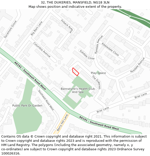 32, THE DUKERIES, MANSFIELD, NG18 3LN: Location map and indicative extent of plot