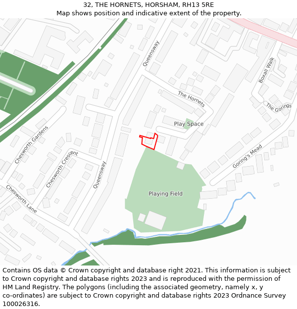 32, THE HORNETS, HORSHAM, RH13 5RE: Location map and indicative extent of plot