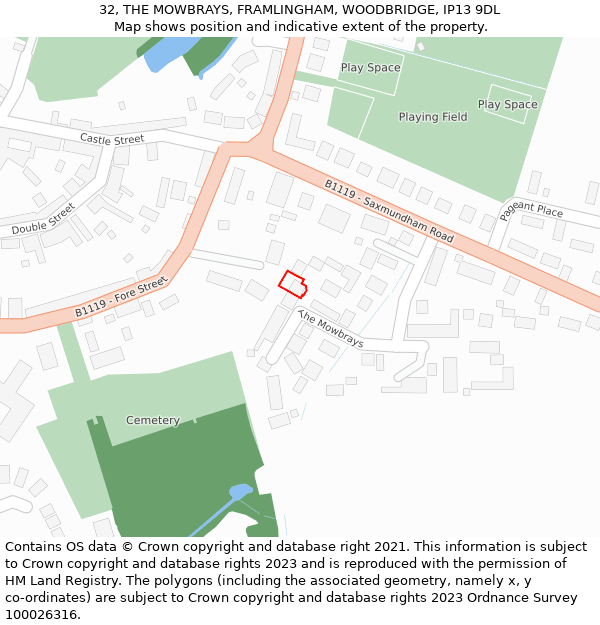32, THE MOWBRAYS, FRAMLINGHAM, WOODBRIDGE, IP13 9DL: Location map and indicative extent of plot