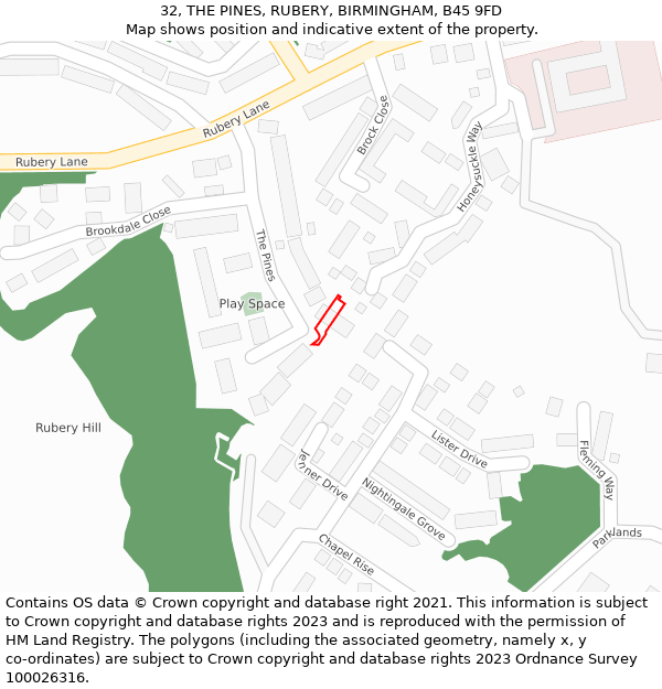 32, THE PINES, RUBERY, BIRMINGHAM, B45 9FD: Location map and indicative extent of plot