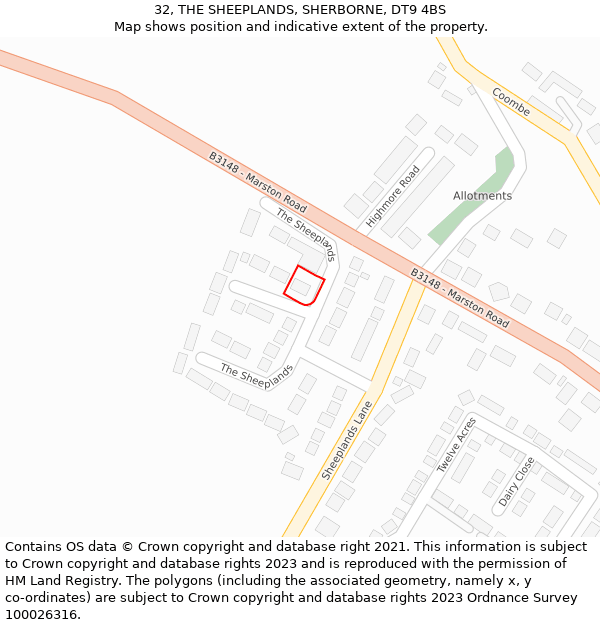 32, THE SHEEPLANDS, SHERBORNE, DT9 4BS: Location map and indicative extent of plot