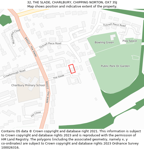 32, THE SLADE, CHARLBURY, CHIPPING NORTON, OX7 3SJ: Location map and indicative extent of plot