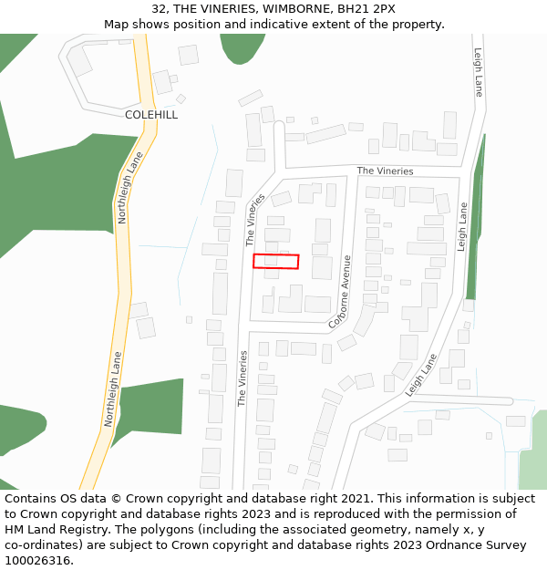 32, THE VINERIES, WIMBORNE, BH21 2PX: Location map and indicative extent of plot