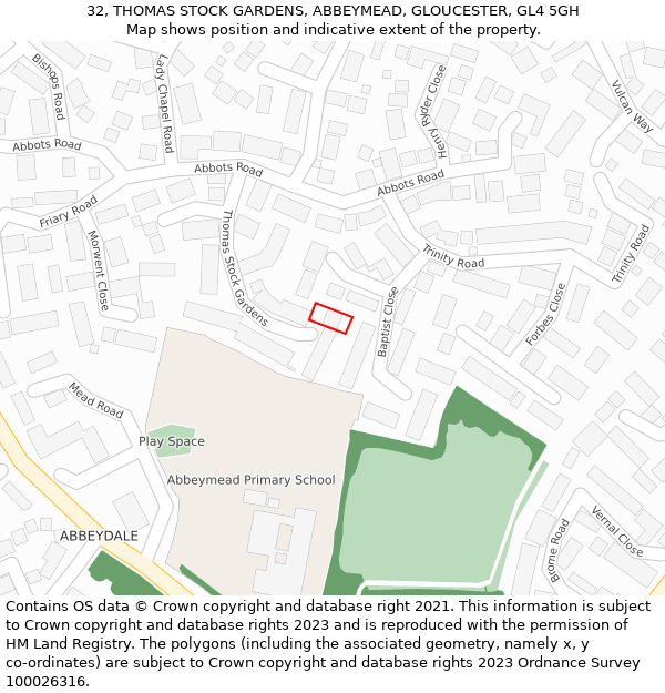 32, THOMAS STOCK GARDENS, ABBEYMEAD, GLOUCESTER, GL4 5GH: Location map and indicative extent of plot