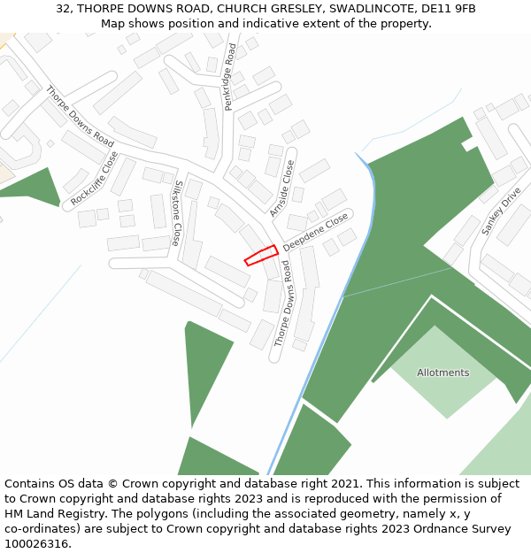 32, THORPE DOWNS ROAD, CHURCH GRESLEY, SWADLINCOTE, DE11 9FB: Location map and indicative extent of plot