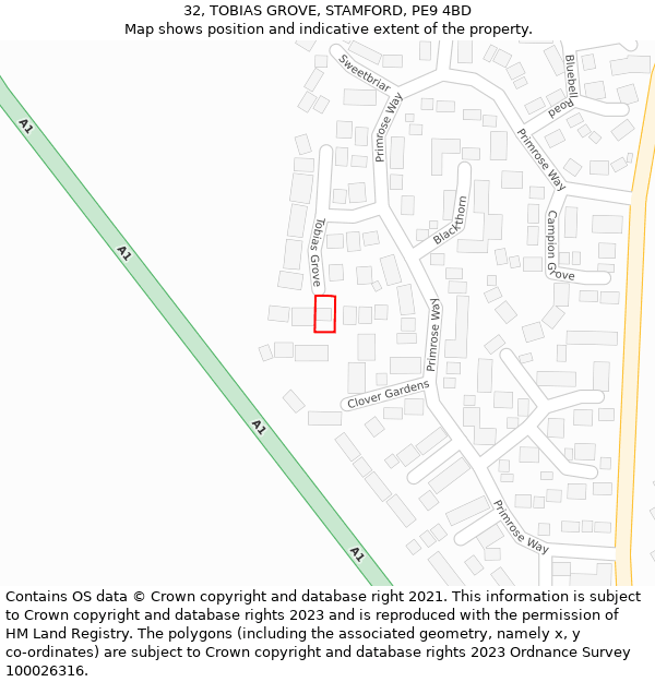 32, TOBIAS GROVE, STAMFORD, PE9 4BD: Location map and indicative extent of plot