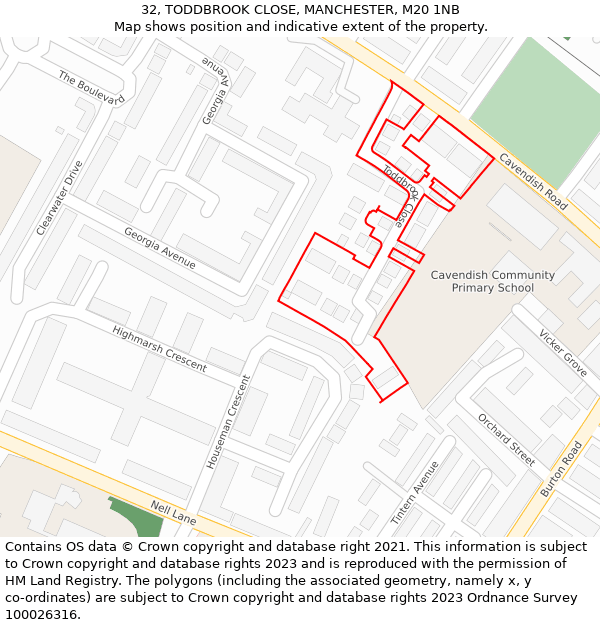 32, TODDBROOK CLOSE, MANCHESTER, M20 1NB: Location map and indicative extent of plot