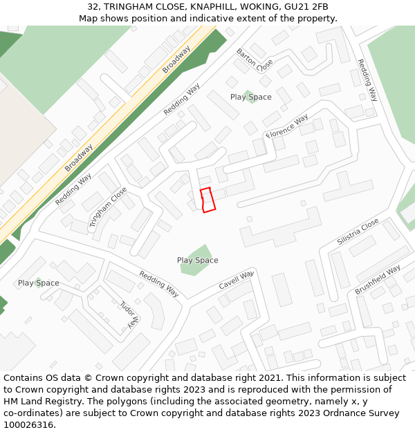 32, TRINGHAM CLOSE, KNAPHILL, WOKING, GU21 2FB: Location map and indicative extent of plot