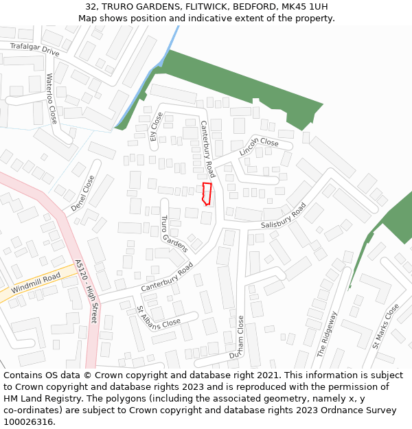 32, TRURO GARDENS, FLITWICK, BEDFORD, MK45 1UH: Location map and indicative extent of plot