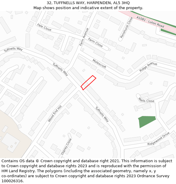 32, TUFFNELLS WAY, HARPENDEN, AL5 3HQ: Location map and indicative extent of plot