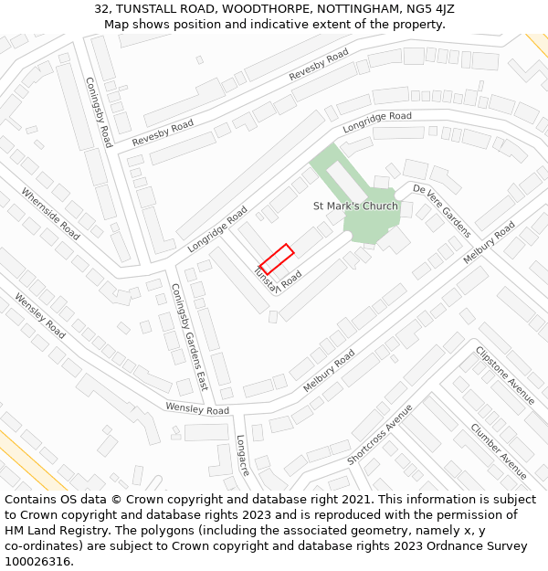 32, TUNSTALL ROAD, WOODTHORPE, NOTTINGHAM, NG5 4JZ: Location map and indicative extent of plot