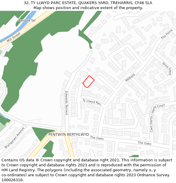 32, TY LLWYD PARC ESTATE, QUAKERS YARD, TREHARRIS, CF46 5LA: Location map and indicative extent of plot