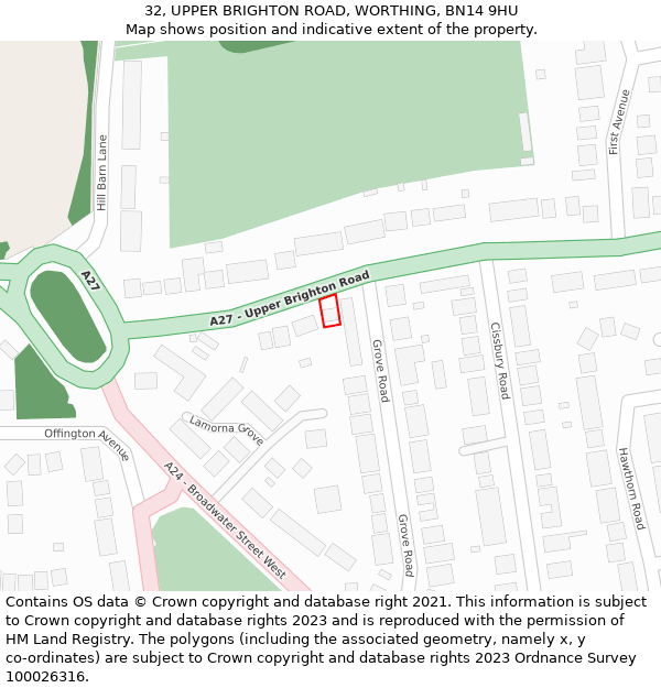 32, UPPER BRIGHTON ROAD, WORTHING, BN14 9HU: Location map and indicative extent of plot