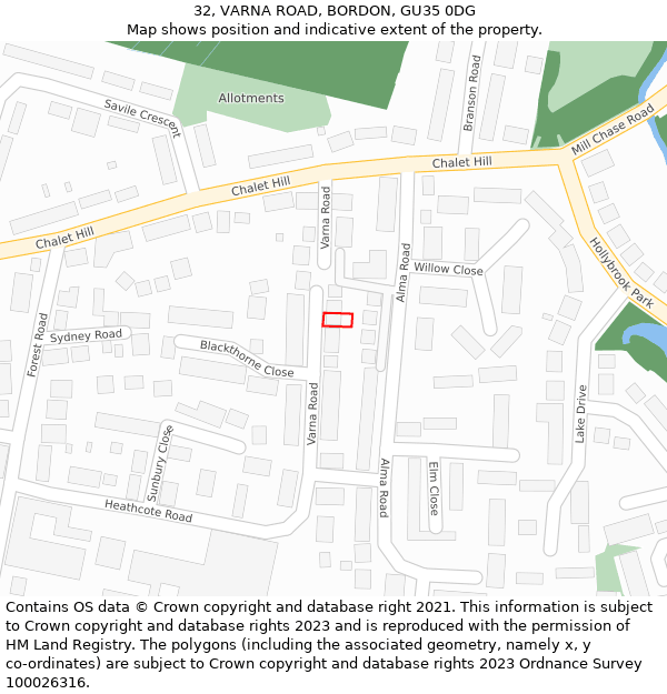 32, VARNA ROAD, BORDON, GU35 0DG: Location map and indicative extent of plot