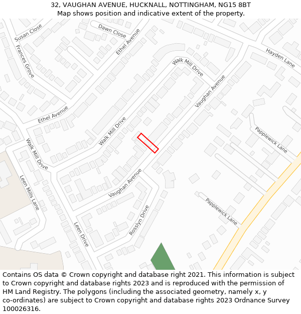 32, VAUGHAN AVENUE, HUCKNALL, NOTTINGHAM, NG15 8BT: Location map and indicative extent of plot