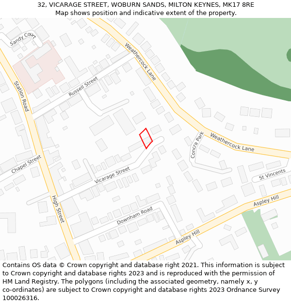 32, VICARAGE STREET, WOBURN SANDS, MILTON KEYNES, MK17 8RE: Location map and indicative extent of plot