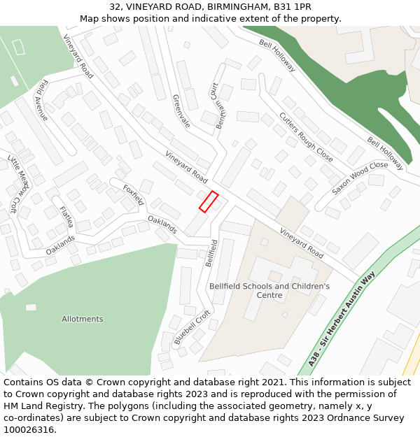 32, VINEYARD ROAD, BIRMINGHAM, B31 1PR: Location map and indicative extent of plot