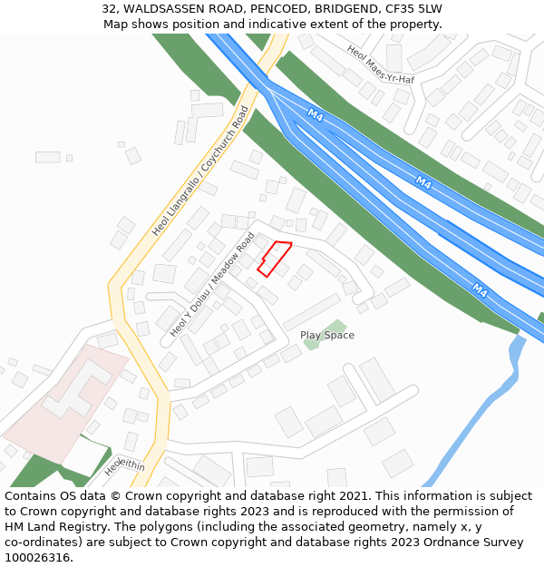 32, WALDSASSEN ROAD, PENCOED, BRIDGEND, CF35 5LW: Location map and indicative extent of plot