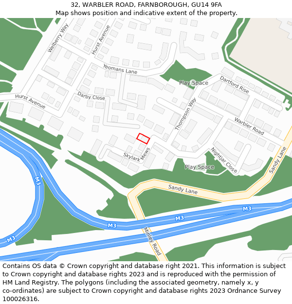 32, WARBLER ROAD, FARNBOROUGH, GU14 9FA: Location map and indicative extent of plot