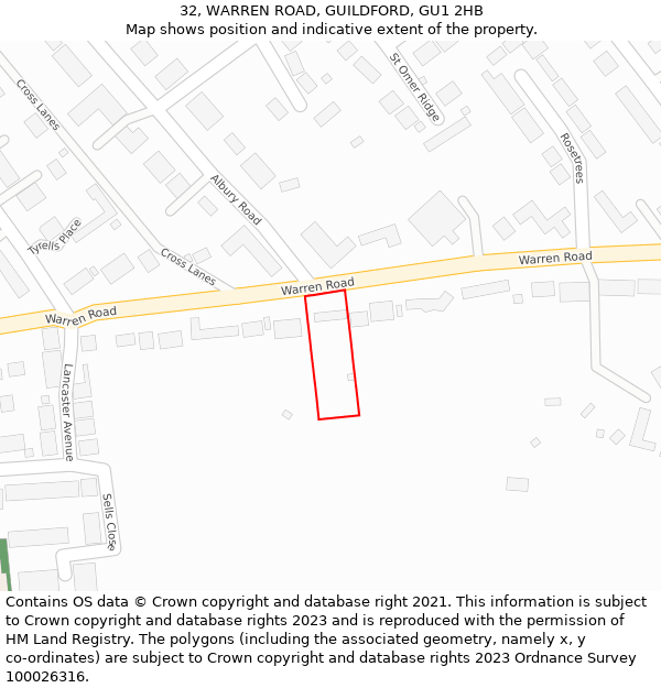 32, WARREN ROAD, GUILDFORD, GU1 2HB: Location map and indicative extent of plot