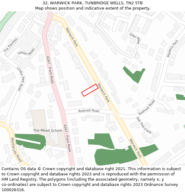 32, WARWICK PARK, TUNBRIDGE WELLS, TN2 5TB: Location map and indicative extent of plot