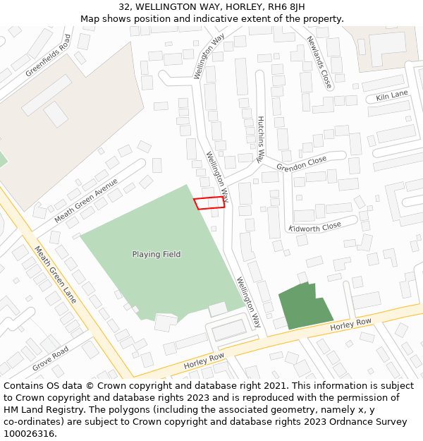 32, WELLINGTON WAY, HORLEY, RH6 8JH: Location map and indicative extent of plot