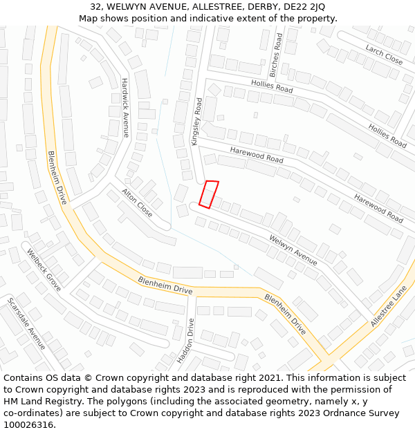 32, WELWYN AVENUE, ALLESTREE, DERBY, DE22 2JQ: Location map and indicative extent of plot