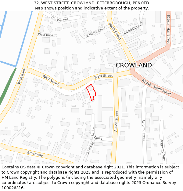32, WEST STREET, CROWLAND, PETERBOROUGH, PE6 0ED: Location map and indicative extent of plot