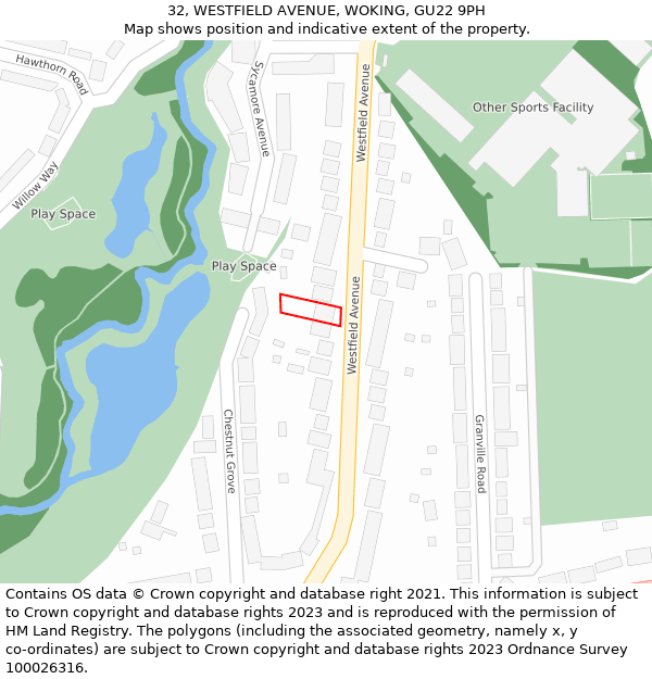 32, WESTFIELD AVENUE, WOKING, GU22 9PH: Location map and indicative extent of plot