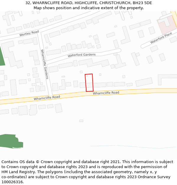 32, WHARNCLIFFE ROAD, HIGHCLIFFE, CHRISTCHURCH, BH23 5DE: Location map and indicative extent of plot