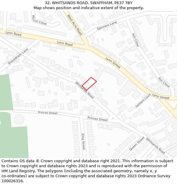 32, WHITSANDS ROAD, SWAFFHAM, PE37 7BY: Location map and indicative extent of plot