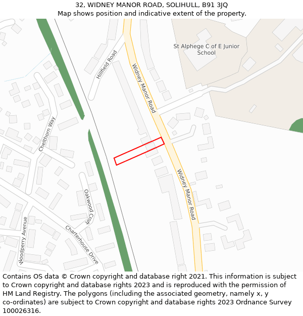 32, WIDNEY MANOR ROAD, SOLIHULL, B91 3JQ: Location map and indicative extent of plot