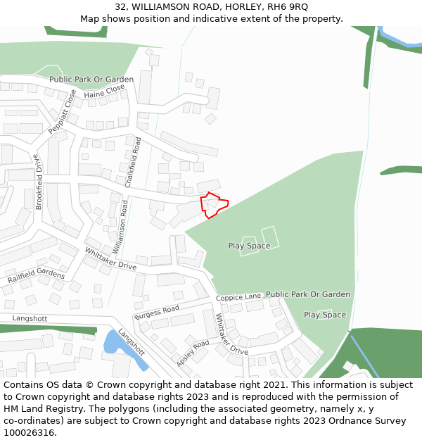 32, WILLIAMSON ROAD, HORLEY, RH6 9RQ: Location map and indicative extent of plot
