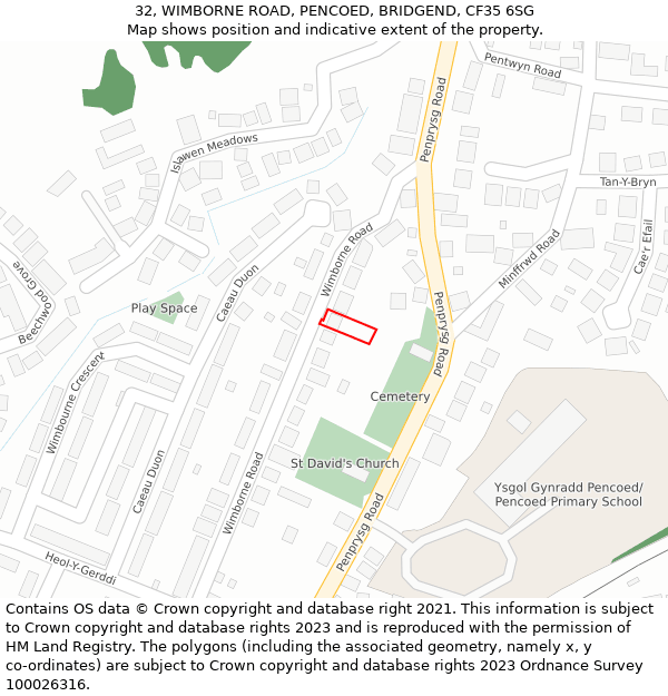 32, WIMBORNE ROAD, PENCOED, BRIDGEND, CF35 6SG: Location map and indicative extent of plot