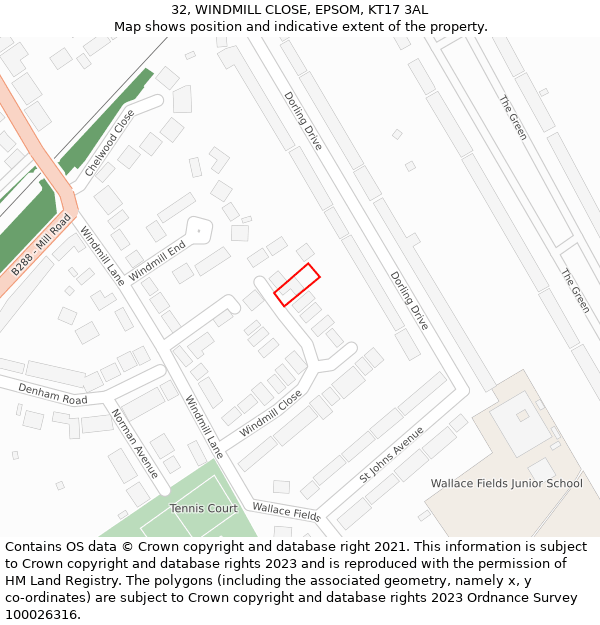 32, WINDMILL CLOSE, EPSOM, KT17 3AL: Location map and indicative extent of plot