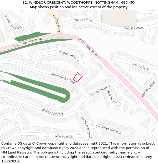 32, WINDSOR CRESCENT, WOODTHORPE, NOTTINGHAM, NG5 4PX: Location map and indicative extent of plot